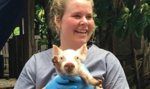 Vet student smiling while holding a piglet